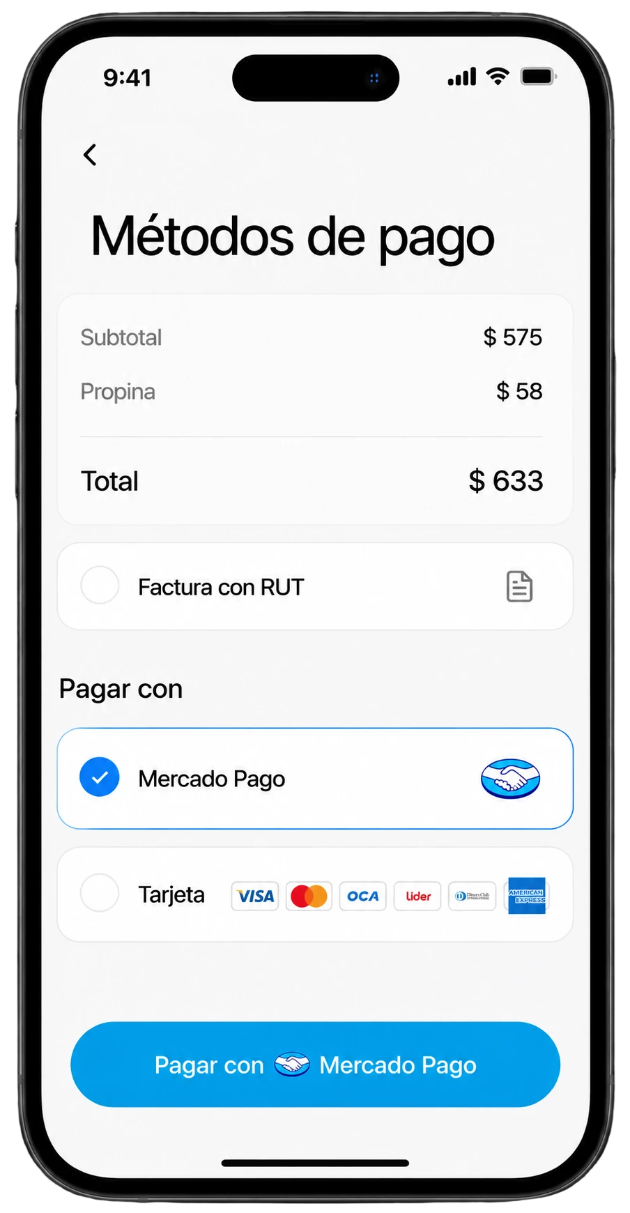 iPhone realista con métodos de pago en Fono