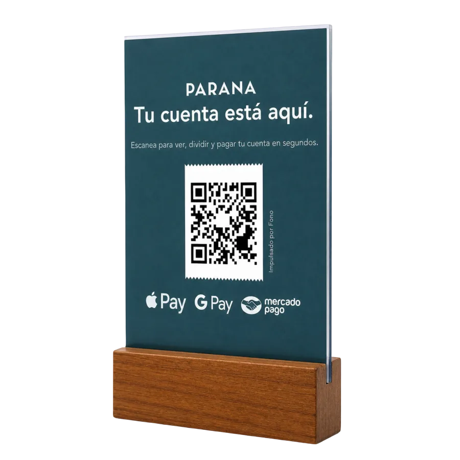 Cartel de mesa Fono con código QR sobre base de madera