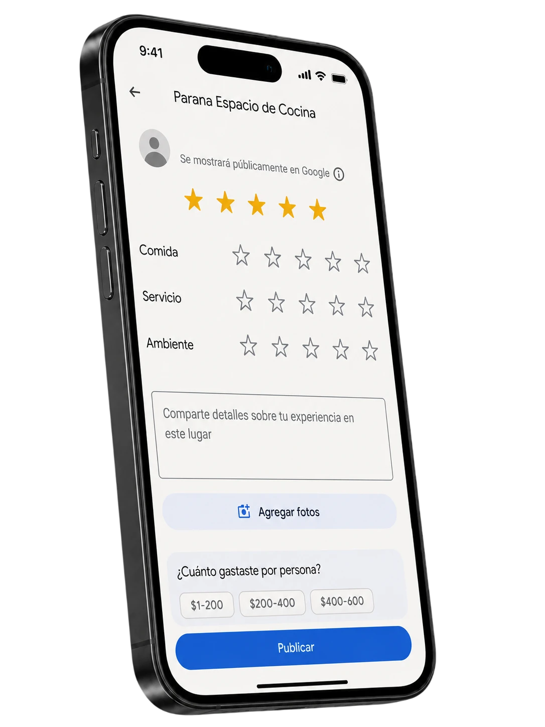 iPhone realista con la pantalla para dejar una reseña en Google tras el pago