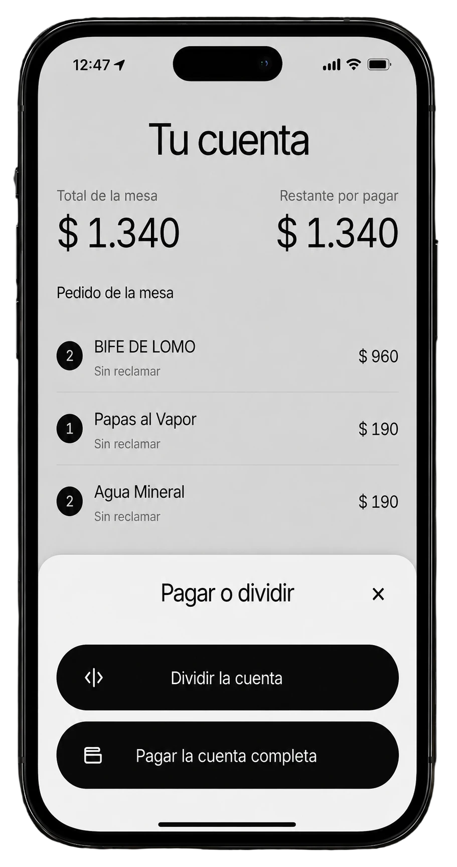 iPhone realista con la pantalla de dividir cuenta de Fono