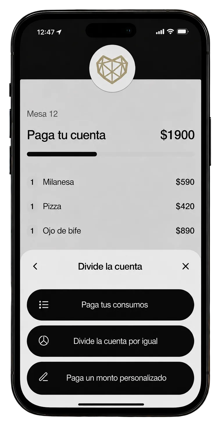iPhone realista con la pantalla de dividir cuenta de Fono